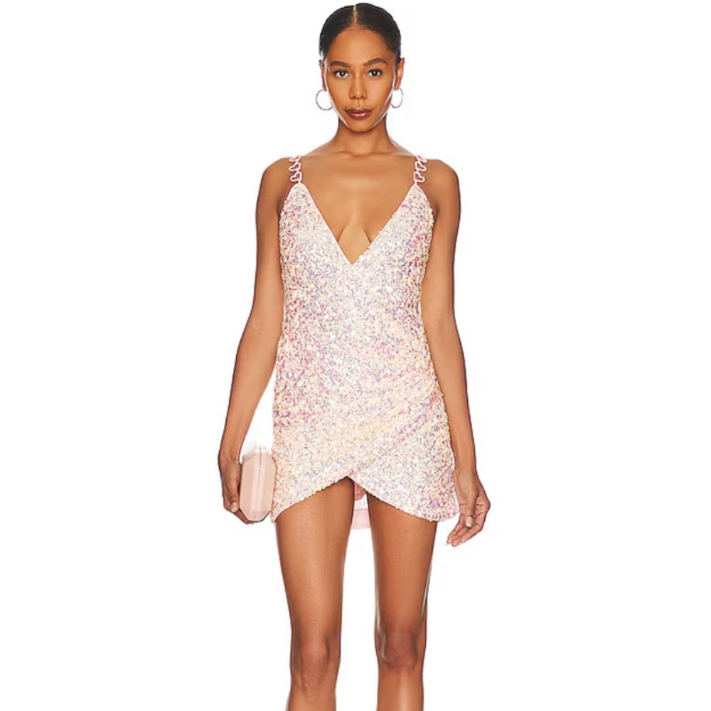 MAJORELLE Iridescent Pink Sequin Wrap Mini Dress